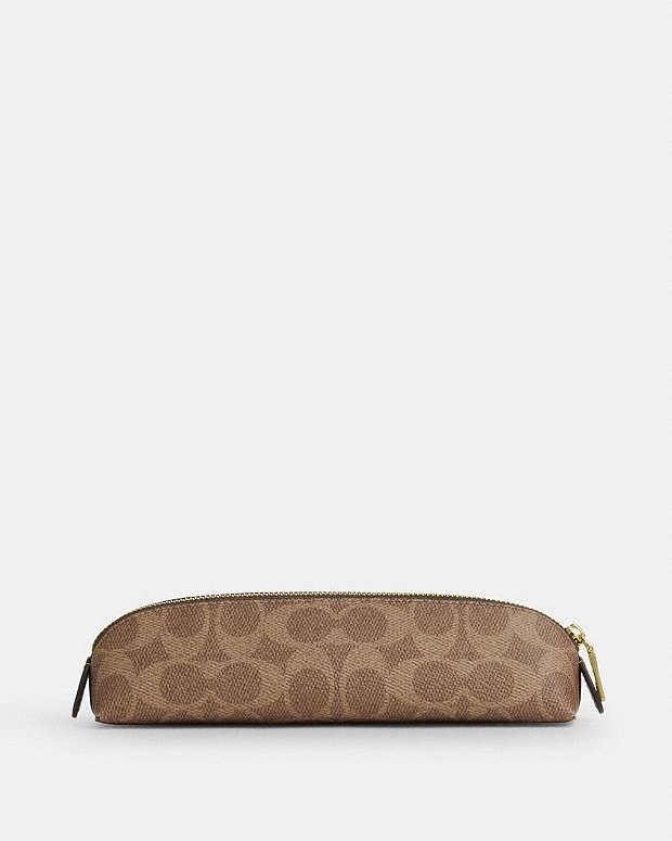 Coach Pencil Case Signature Canvas CZ206 Slim Zip Gold Tan