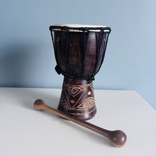 Vintage Handmade wooden Djembes table drum And Beater, Carved Wooden Drum