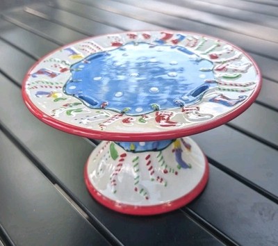 Small Cake Stand 8'' Christmas Design Blue White Red Dessert Plate Pedestal