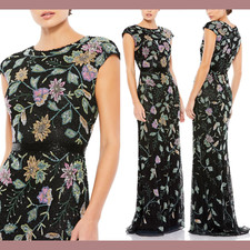 NWT $598 Mac Duggal [ 4 ] 5229 Floral Beaded Cap Sleeve Evening Gown Black J365