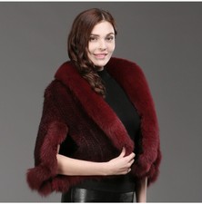 Real Burgundy Mink Fur Knitted Cape With Fox Fur Collar Cocktail Stole By Luxor