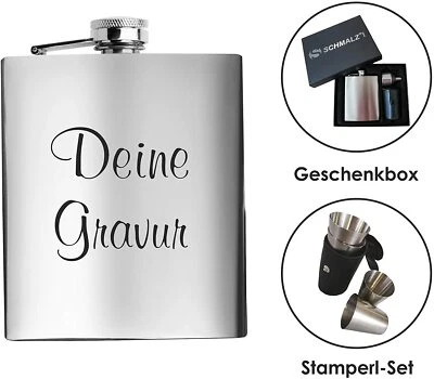SCHMALZ® Edelstahl Flachmann Set 3-tlg.inkl.Gravur Einfülltrichter Schnapsgläser graviert