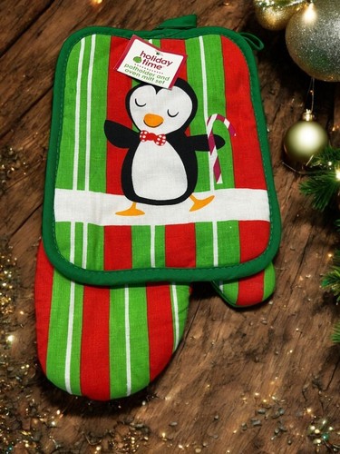 Juego de soporte para olla y guante para horno de pingüino de Navidad verde rojo a rayas decoración de cocina - Imagen 1 de 6
