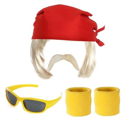ILOVEFANCYDRESS 1980'S WRESTLER HOGAN COSTUME ACCESSORY SET WIG GLASSES MOUSTACHE BANDANA BANDS