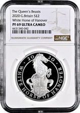 2020 QUEEN'S BEASTS WHITE HORSE OF HANOVER GB SILVER 2 POUNDS 1 OZ NGC PF 69