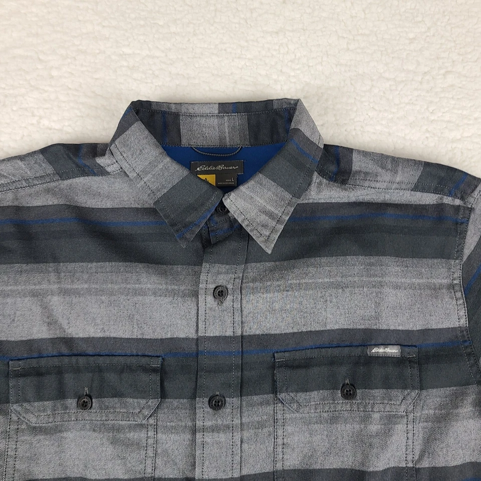 Camisa de franela Eddie Bauer TraveX para hombre grande gris oscuro azul vestido a cuadros abotonada Foto 3 de 4