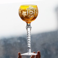 Japanese Edo Kiriko Bohemian Style Goblet Hand Cut To Yellow 6.5oz Gift Packing