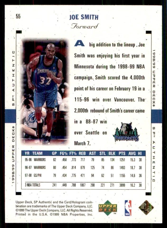 1998-99 Upper Deck Black Diamond Joe Smith Minnesota Timberwolves #55 - Image 2 of 2