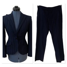 Ralph Lauren Black Label Womens Navy Pinstripe Wool Pant 2 Suit Peplum Blazer 4