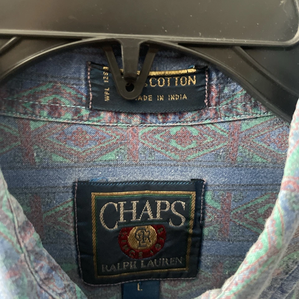Camisa Chaps Ralph Lauren Hombres Botón Azul Azteca Grande Algodón De Colección Años 90 Manga Corta Foto 2 de 4