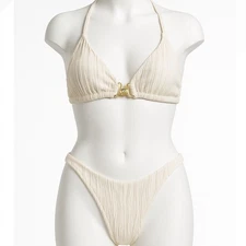 Zaful Textured String Bikini Set Cream Gold Hardware Halter Top High Bottom S
