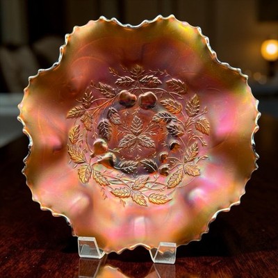 Northwood Pumpkin Marigold 3 Fruits Medallion Ruffled Carnival Glass Master Bowl