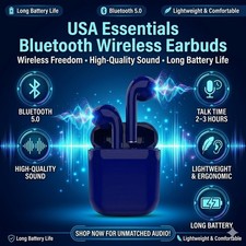 USA Essentials Bluetooth Wireless Earbuds Navy Blue, Long Battery