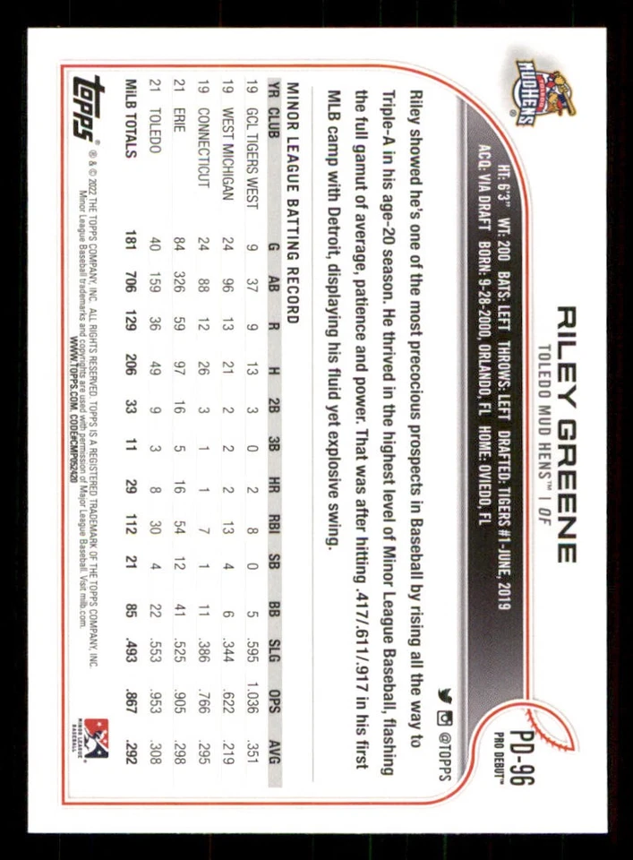 2022 Topps Pro Debut #PD96 Riley Greene - Image 2 of 2