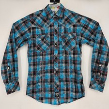 Wrangler Rock 47 Pearl Snap Shirt Mens Small Plaid Long Sleeve Western Rodeo