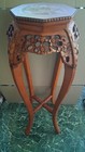 Carved Floral Wood Plant Stand with Hexagonal Stone Top, Traditional Brown — photo 1