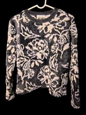 Rachel Zoe Fuzzy Floral Sweater | Black White Cozy Soft Knit Designer Sweater 