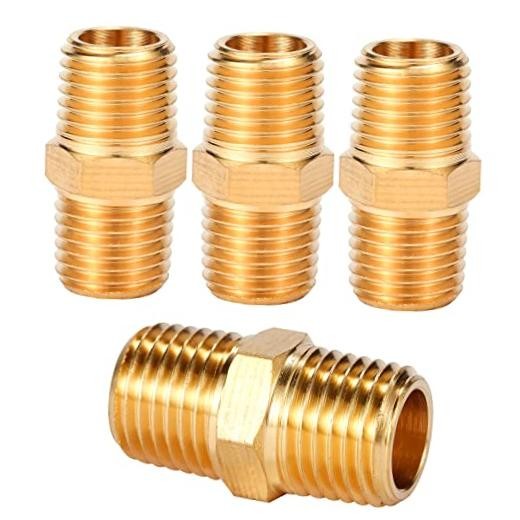 4 pcs Solid Brass Pipe Fitting, Hex Nipple, 1/4" x 1/4" NPT Male Pipe Adapter