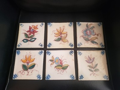 VINTAGE SANT' ANNA TILES SET/6 LISBOA PORTUGAL UNUSED HANDPAINTED WILDFLOWERS