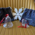 Vtg.  STEUBEN Glass Christmas BELL and STOCKING Puffy 3D on Red Ribbon ❤️ 💚