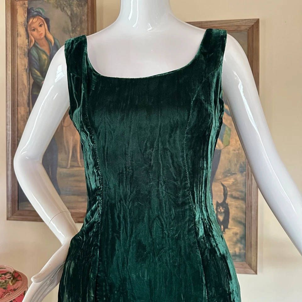 Vintage 90s Emerald Green Crushed Velvet Supermodel Bodycon Mini Dress XS/S - Image 4 of 4