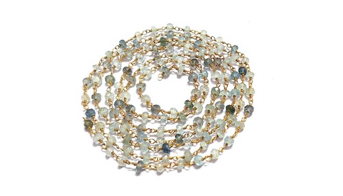 3 Feet Moss Aquamarine Rondelle Faceted Gold Plated Rosary Chain 3-4mm Beads - Picture 2 of 7