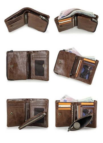 Contacts Men's RFID Waxy Leather Wallet Photo Card Holder Detachable Coin Pocket - Picture 9 of 10