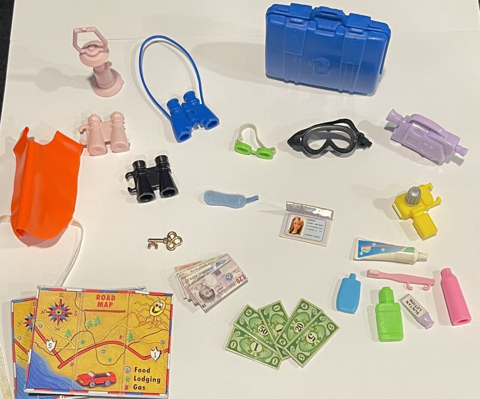 Vintage Barbie Doll Travel Accessories Include Money, Passport, And Map