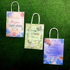 Beautiful Floral Paper Gift Bag Set with Inspirational Bible Quote 6" wide