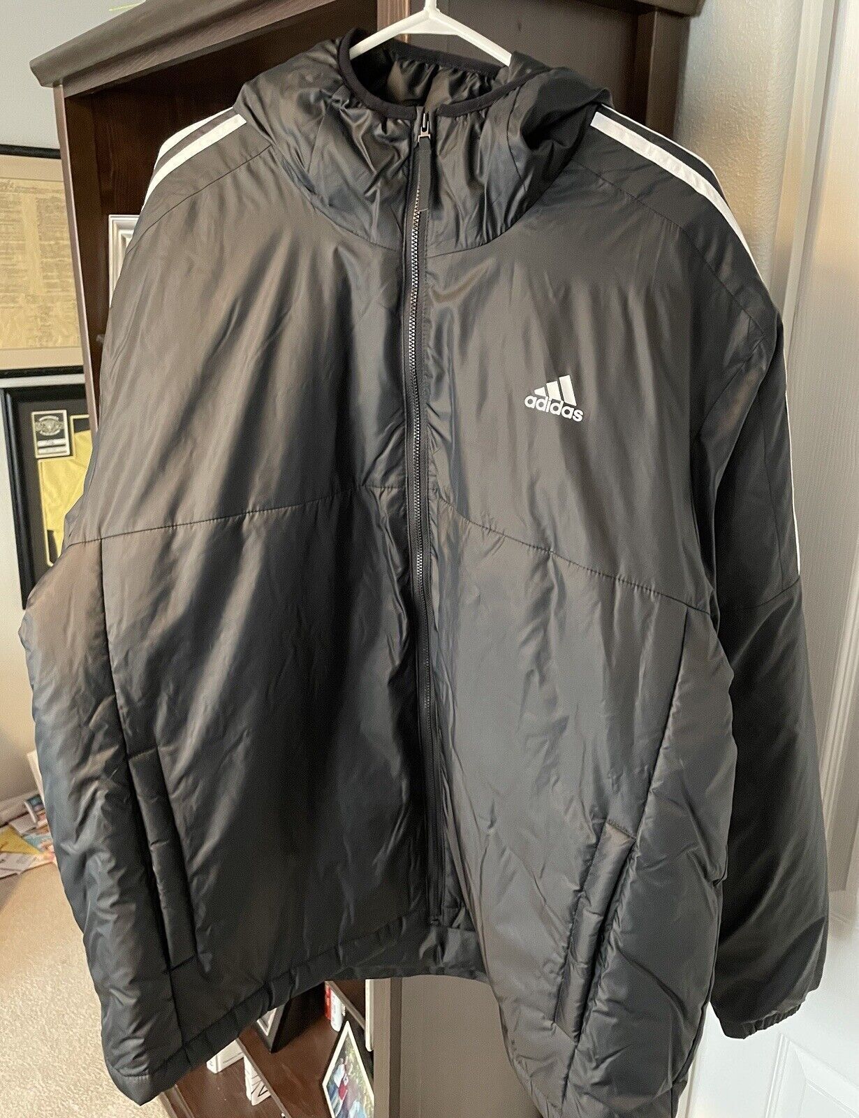 Adidas Essentials Insulated Hooded Puffer Jacket Men's Black White Coat ...