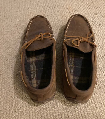 LL Bean Wicked Good Moccasin Slippers Mens 13 Brown Leather Flannel Lined 212164 LL Bean Moccasin Brown Leather Hand Sewn Loafer Flannel  main image 3