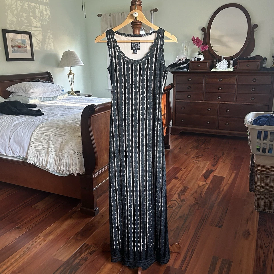 Maxi Vestido Sin Mangas Vintage Años 90 Avant Garde Cynthia Rowley Negro Hecho a Mano Talla Pequeña  Foto 3 de 4