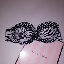 Victoria Secret Swim Bikini Top 32B Black White Dots Animal Print Strapless