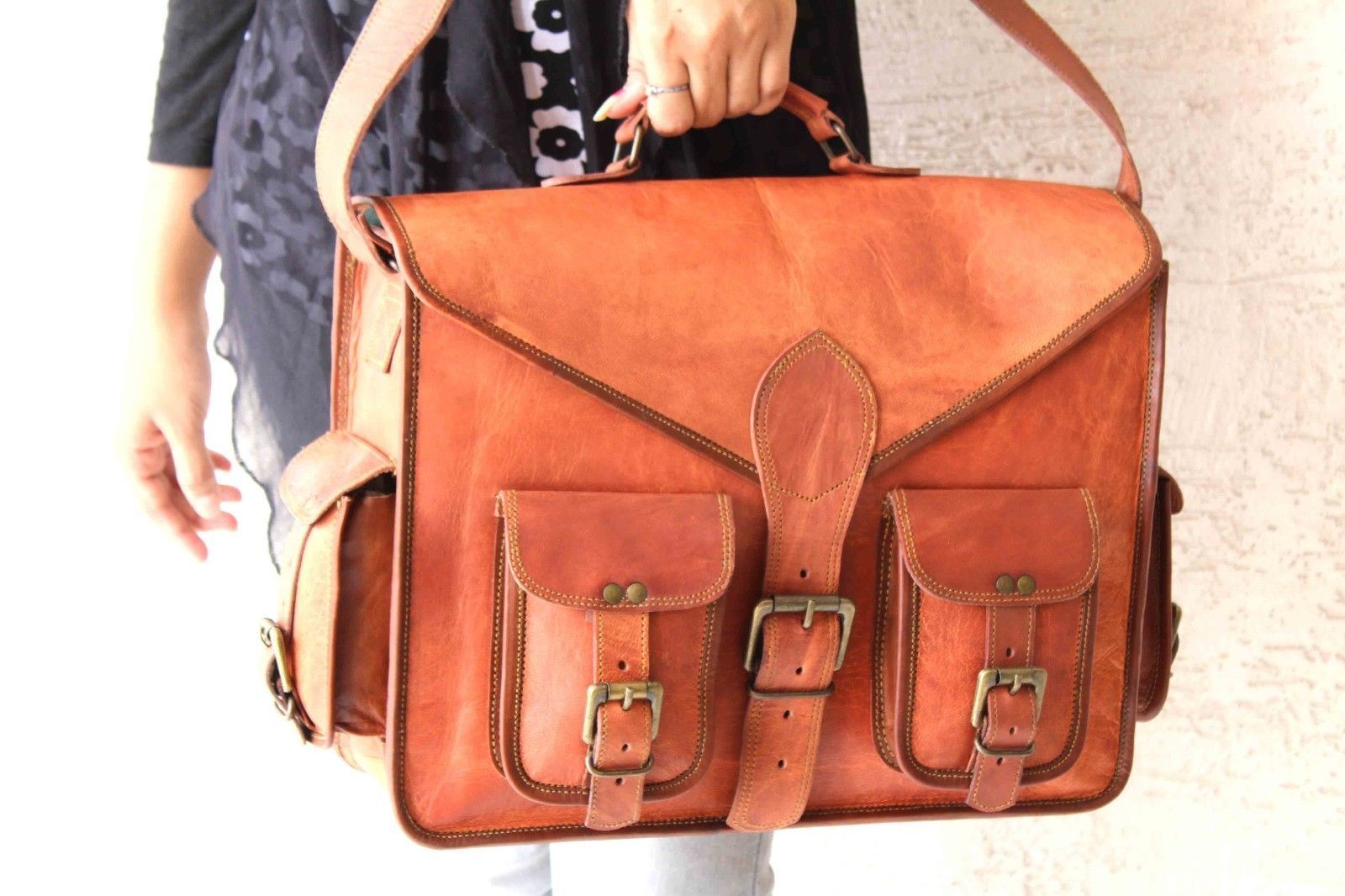 Vintage Leather messenger bag 15""laptop bag computer case shoulder bag for men