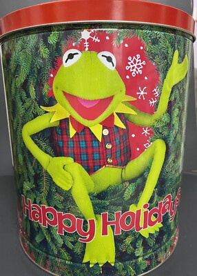 VTG Kermit the Frog Muppet Popcorn Tin Jim Henson Christmas Happy Holidays