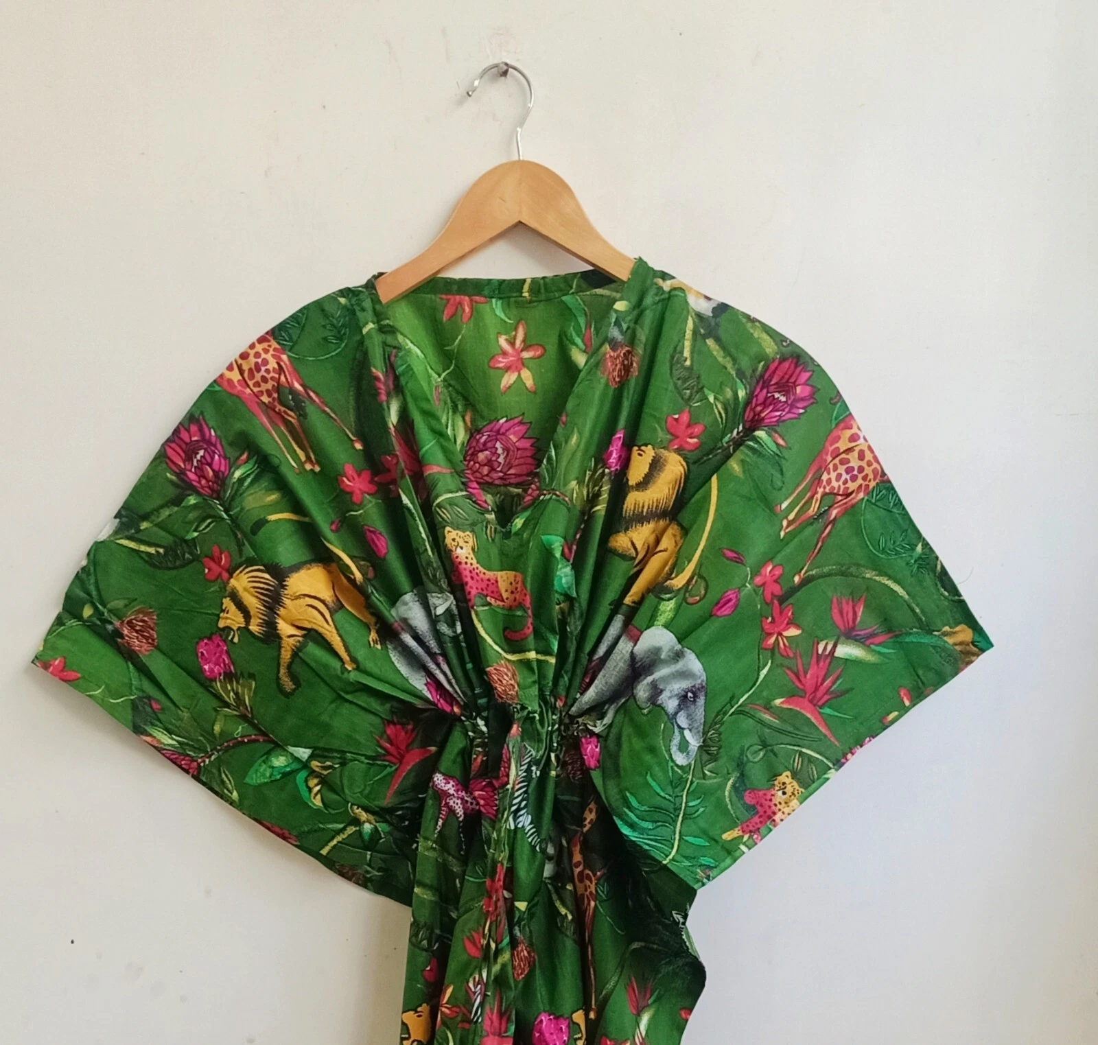 Indian Dark Green Animals Cotton Kaftan Womens Clothing Kaftan Night Gown Dress