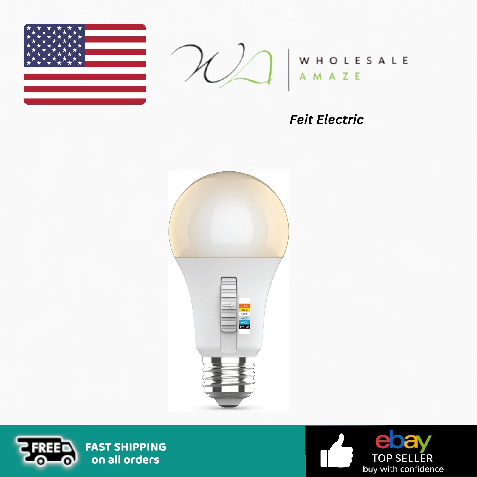 Feit Electric A19 LED Light Bulb, 60W Equivalent, Dimmable, Color Selectable 6-W