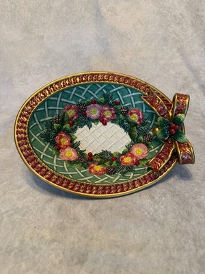 Vintage Fitz & Floyd Christmas Wreath Oval Bowl 10'' Primrose Bow Holiday