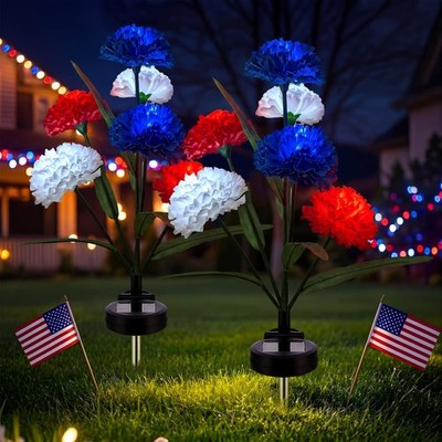 2 Pcs Solar 4th of July Chrysanthemums Stake Lights Red White Blue Lights Out...