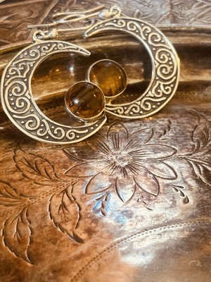 STERLINGSILBER HALBMOND OHRRINGE SCHMUCKSET NATÜRLICHER MEXIKANISCHER BERNSTEIN WICCAN