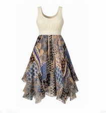 Cure Boho Lace Patchwork High Low Dress L Sleeveless Paisley Floral Ivory Flare
