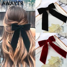 Girls Black Red Big Velvet Bow Hair Clip For Women Vintage Wedding Long Ribbon