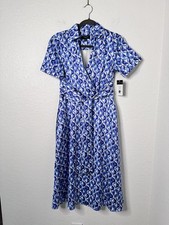 Tahari ASL Women's Geometric Print Blue Short Sleeve Midi Belt Dress Size 4 NWT