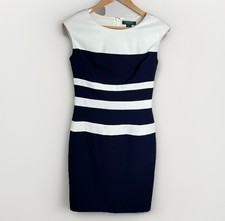 LAUREN RALPH LAUREN Navy Cream Stripe Sheath Dress Sz 2 Cap Sleeve Stretch Knit