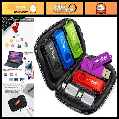 64GB USB Flash Drive 5-Pack with USB C Adapters & Case, Thumb Drives for Laptops
