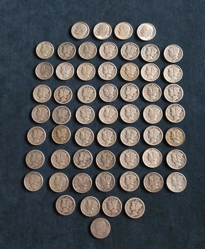 Lot of 58 Dimes 90% Silver 53-Mercury 1-Barber 4-Roosevelt Mixed Lot