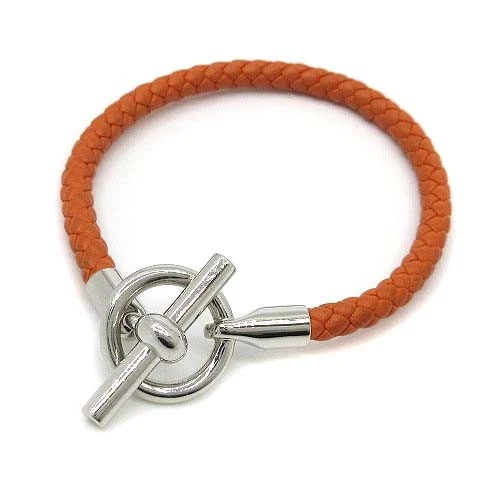 HERMÈS Y0717 Hermes Grennan Bracciale Pelle Arancione Argento Unisex Nuovo