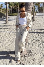 ATHLETA Retreat Linen Mid Rise Wide Leg Pant L Large  Undyed Khaki Tan NEW