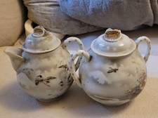 Antique Japanese Kutani Eggshell Porcelain Teapot, Sugar Bowl Hand Painted Birds