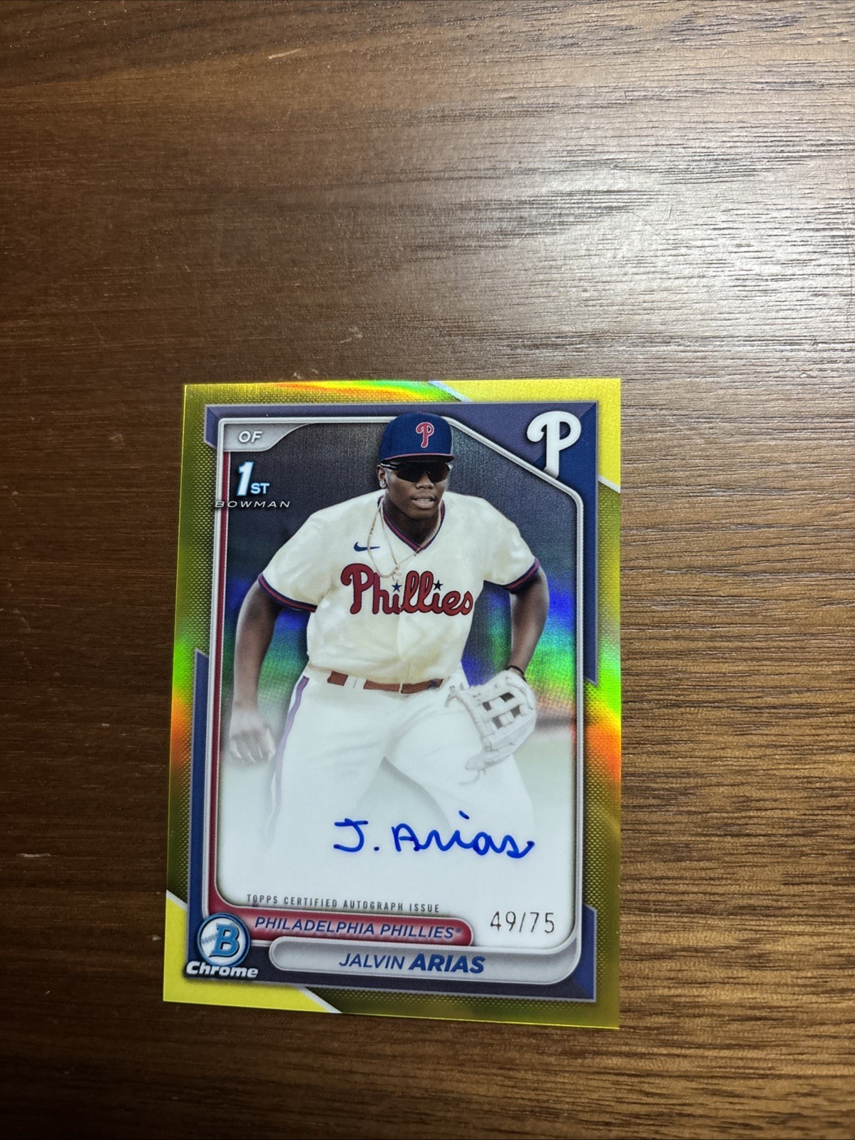 2024 Bowman Chrome Jalvin Arias Auto Yellow Refractor 1st #/75 Phillies Beast!